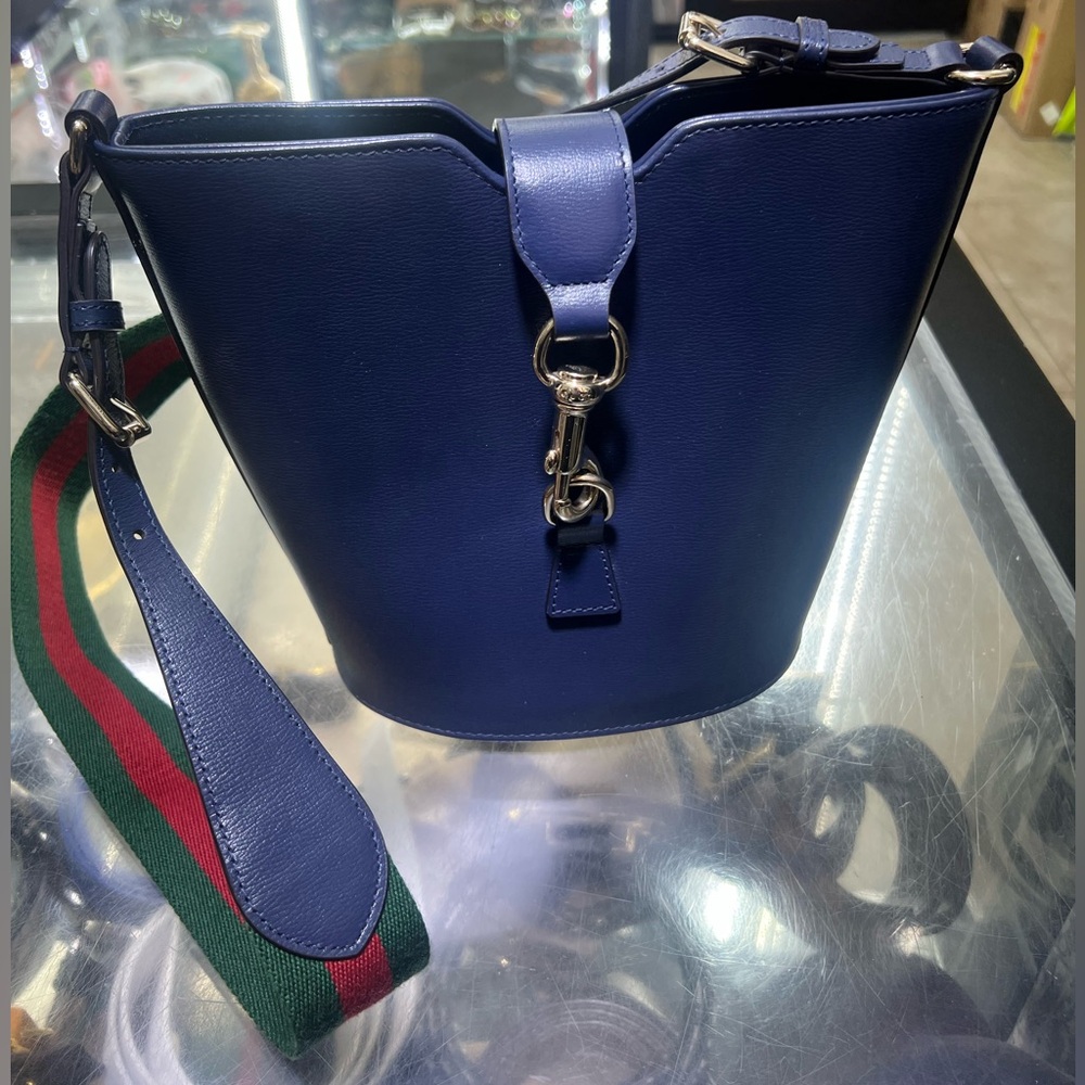 Women’s Navy Leather Bucket Bag with Green-Red Strap